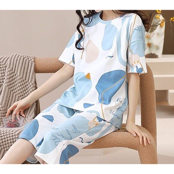 Cotton Women's Capri Pajama Set 2 Pcs Short Sleeve Top Capris pants Loungewear - Picture 8 of 9